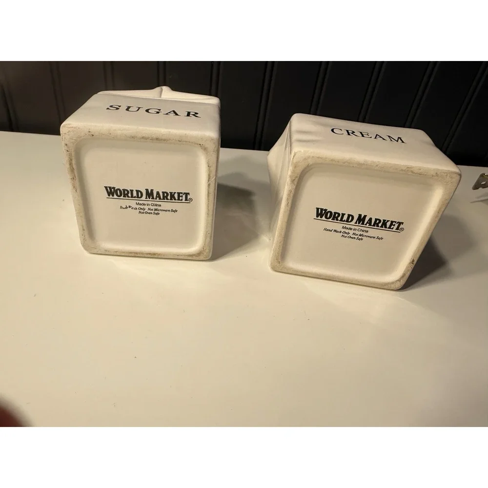 World Market White Ceramic Milk Carton Sugar and Creamer Set Stoneware